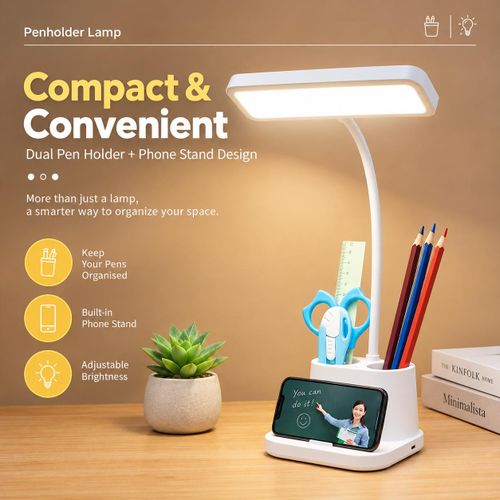 Generic Multifunctional LED Desk Lamp with Pen Holder & Phone Stand - Charger head & USB cable