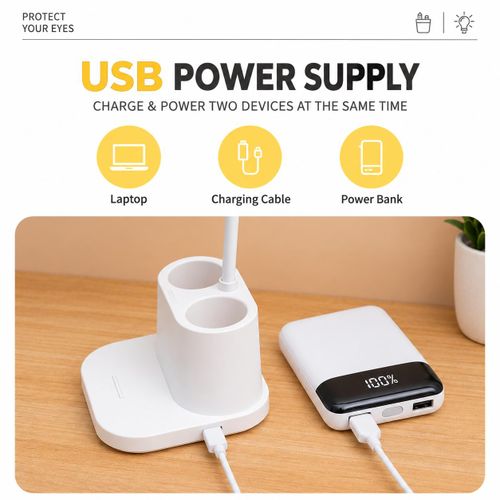 Generic Multifunctional LED Desk Lamp with Pen Holder & Phone Stand - Charger head & USB cable - image 4