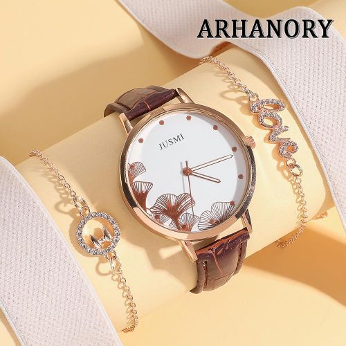 product_image_name-ARHANORY-Women Quartz Watch With Bracelet Stylish Wristwatch Leather Strap for Ladies - Brown-1