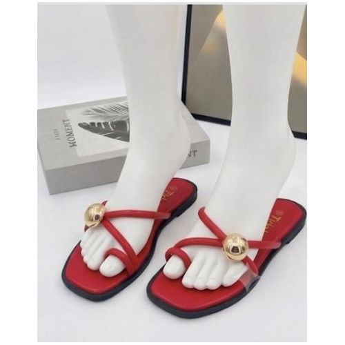 Generic Women's Square-Toe Toe-Loop Flat Slides with Metallic Accent.
