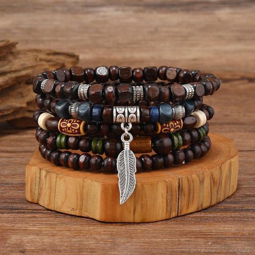 Fashion Men's 5 Piece Bracelet Chinese Style Stackable Wooden Bead Elastic Bangle