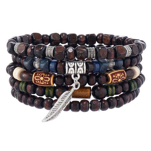 Fashion Men's 5 Piece Bracelet Chinese Style Stackable Wooden Bead Elastic Bangle - image 5