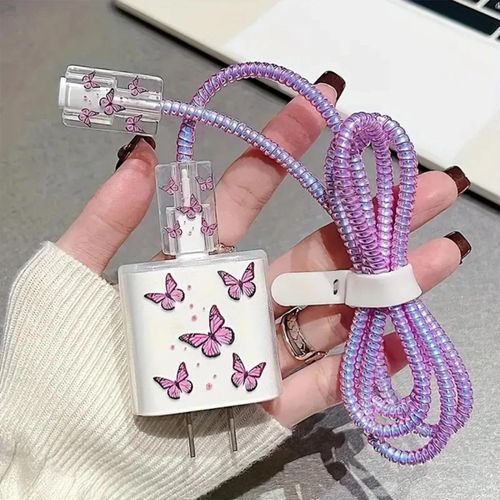 ShebSheb 5‑Piece Butterfly Pattern Charger & Cable Protector Set with Strap for iPhone 20W Adapter