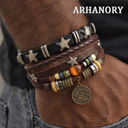 ARHANORY 2pc Sagittarius Bracelet Set Adjustable Braided Zodiac Gift - Black & Brown