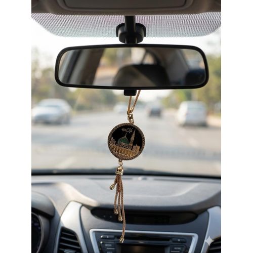 product_image_name-Generic-Elegant Islamic Car Hanging Pendant – Kaaba & Green Dome Design with Gold Finish Tassel-1