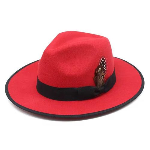 Fashion Unisex Classic Wide Brim Fedora Hat with Feather -Black / Red