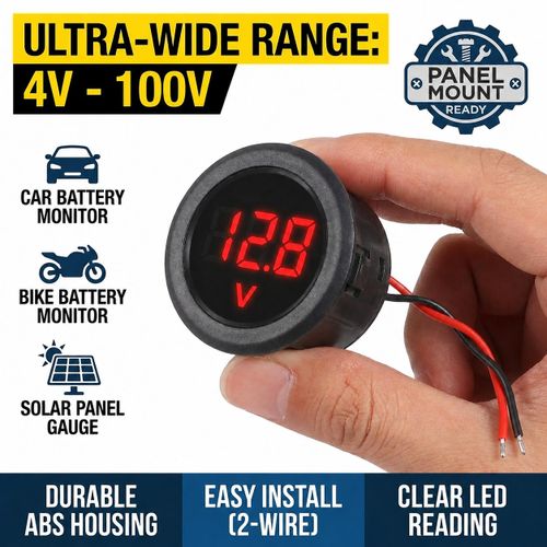 Generic Round Mini DC Voltmeter 4-100V 2-Wire LED Panel Meter For Car Solar Battery,Red