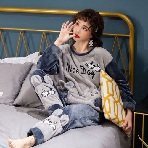 Shop Generic Long Sleeve Warm Flannel Pajamas Winter Women Pajama Sets  Print Thicken Sleepwear Pyjamas Plus Size 4XL 5XL 85kg Nightwear Set Online