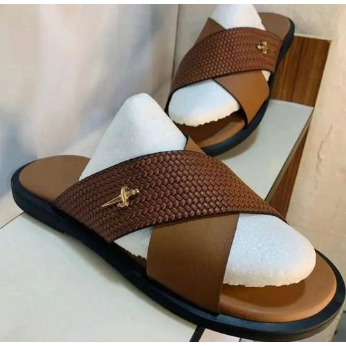 product_image_name-Fashion-Men Crossed Leather Slippers - Brown-2