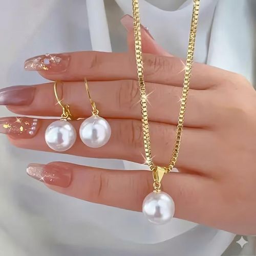 Generic 3pcs Elegant Pearl Pendant Jewelry Set - Gold Finish