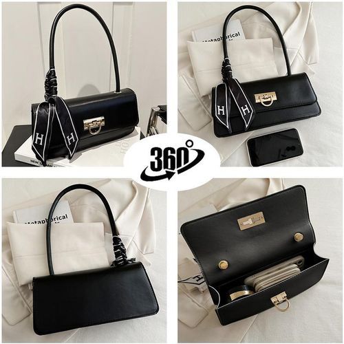 product_image_name-STY-Ladies Underarm Bag Women Handbag Black PU Bag Ribbon Decoration Small Bag Phone Bag - Black-2