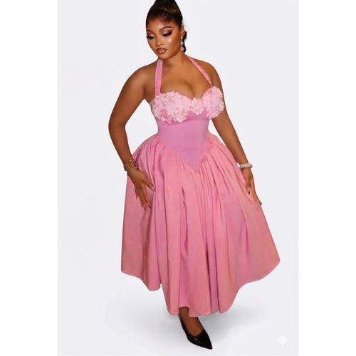 product_image_name-Generic-Floral Appliqué Halter Midi Dress - Pink-1