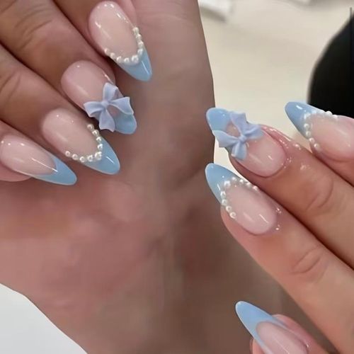 product_image_name-Generic-24pcs Almond-Shaped Press On Nails with Blue Nail Tip & 3D Bow Design-1