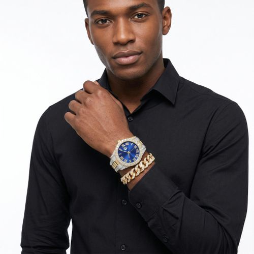 Fashion Men's Watch with Bracelet Cuban Chain - Gold - image 2