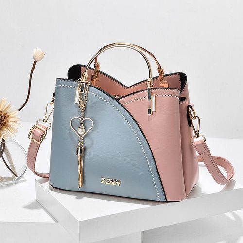 product_image_name-Fashion-Women’s PU Leather Shoulder & Messenger Bag – Color-Block Handbag with Heart Tassel Pendant, Large Capacity-Blue & Pink-1