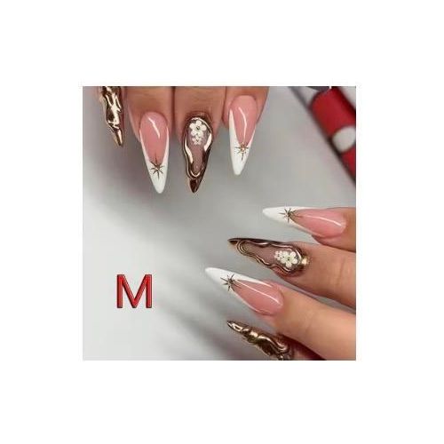 product_image_name-Generic-10 pieces stiletto pink and white golden shaped nails -3