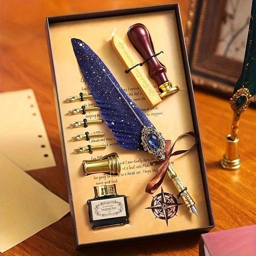product_image_name-Generic-1 Set Of Gift Box With Seal And Wax Feather Pen Calligraphy Pen And Ink Pen Set Ink Dipping Pen Mechanical Gear Dipping Pen-1