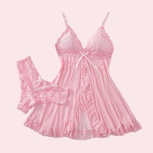 product_image_name-Generic-Women’s Lace & Mesh Babydoll Lingerie Set -  Pink-1