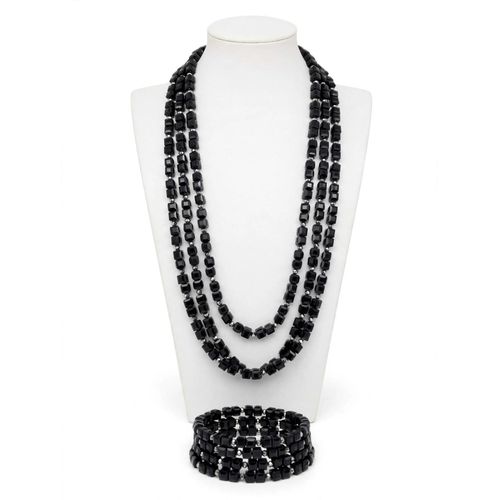 Generic Black Beaded Necklace Set - Long Layered Necklace + 3 Bracelets