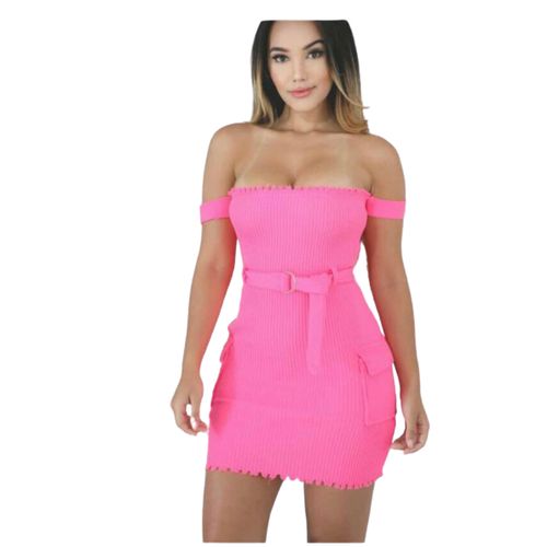 pink off shoulder bodycon dress