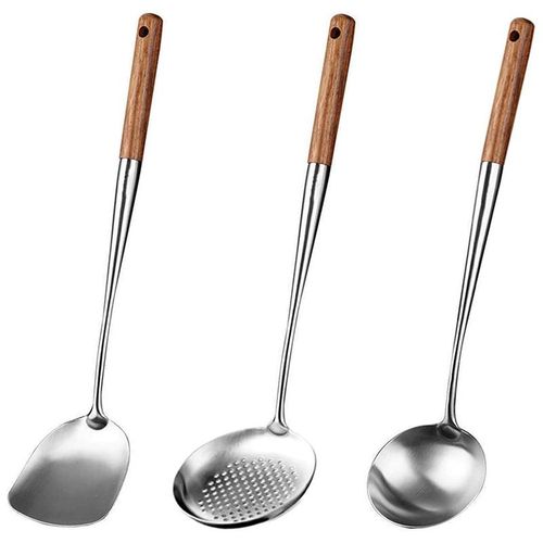 FJNATINH Wok Spatula and Ladle,Skimmer Ladle Tool Set, 17inches Spatula for Wok, 304 Stainless Steel Wok Spatula