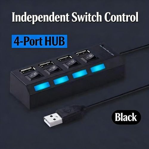Generic USB 2.0, Four-Port USB Splitter with Multi-Port Extender and Independent Switches-Black