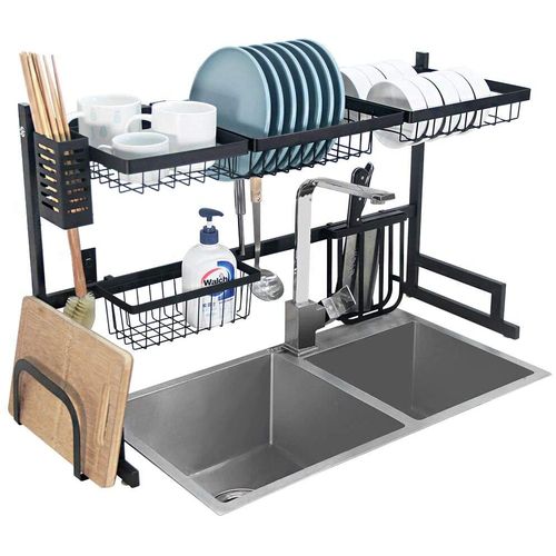 Generic 85CM Double Sink Top Kitchen Dish Drying Rack  - Black