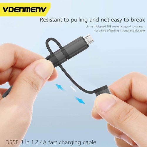 VDENMENV D55E 3-in-1 Fast Charging Cable 2.4A Max – Type-C, Lightning & Micro USB (1m) – Black - image 4