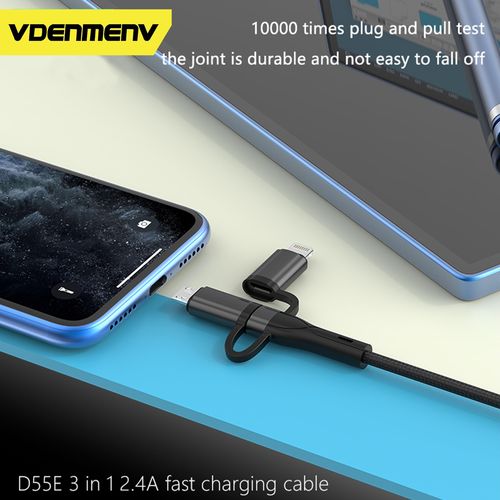 VDENMENV D55E 3-in-1 Fast Charging Cable 2.4A Max – Type-C, Lightning & Micro USB (1m) – Black - image 5
