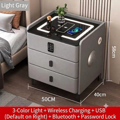 Generic Smart Bedside table Nightstand with Wireless Charging & LED Light - Light Gray