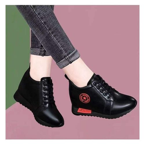product_image_name-Fasfion-Black Women’s Height Increasing Platform Leather Sneakers, Fashion Thick‑Sole Casual Shoes with Soft Cushion for Daily Wear-1