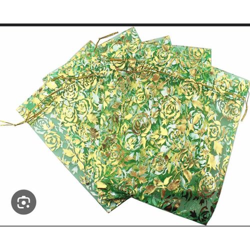 product_image_name-Ge-50 pieces potli bags,7×5 with drawstring. Color:lemon green and gold designs. -5