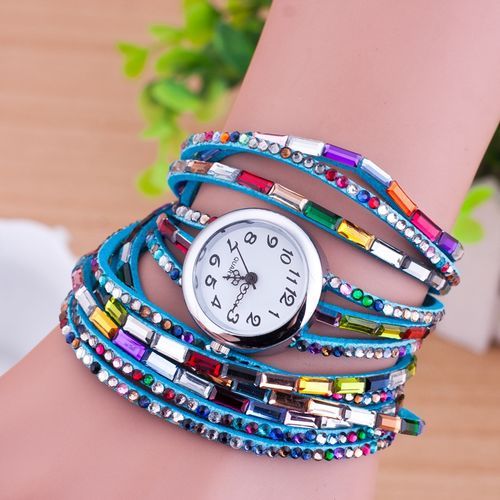 product_image_name-White Label-Studded Multilayered Bracelet Wrist Watch - Blue-1