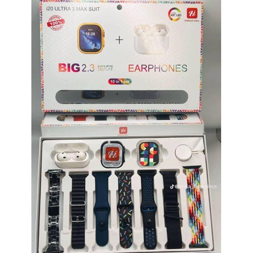 product_image_name-Generic-I20 Ultra Max Smart Watch Ultra 10 in1 Waterproof 7 Straps + Protective Case + Earphones - Black-1