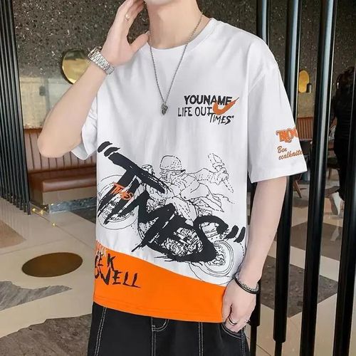 product_image_name-pisiduo-T shirt for Men 2025 New man Clothing Trendy Fitness streetwear Anime O-Neck Casual T-shirt Male Oversized Y2k tops Men T-shirts - White & Orange-5