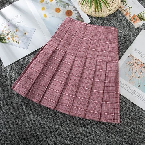 Cute Pleated Pink White Checked Women High-Waist Short Skirt with