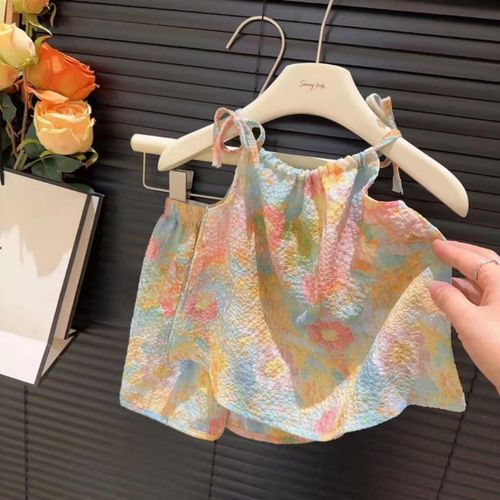 product_image_name-Fashion-0-5-year-old girl's blurred floral oil painting style suspender set, two-piece set-2