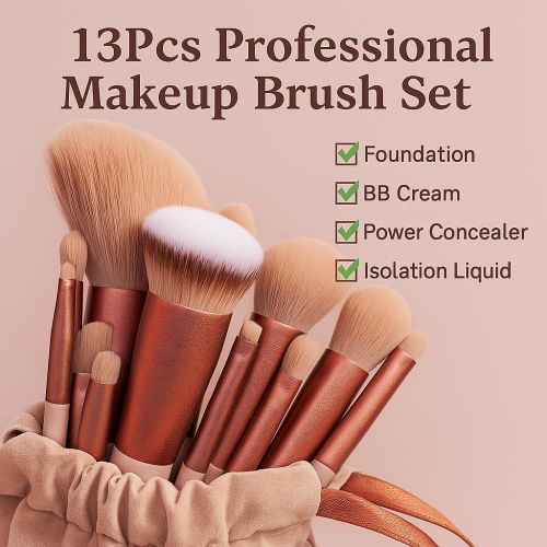 product_image_name-addigoes-Makeup Brushes Set, 13pcs Professional Soft Synthetic Blending Powder Concealer Application Tool Kit for Face Eye Shadows, for Beginners and Makeup Enthus (Brown)-1