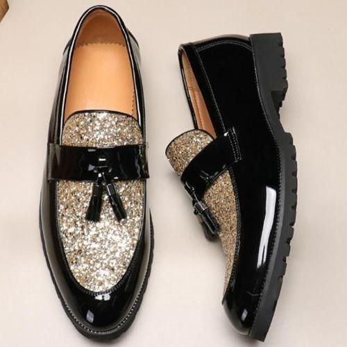 product_image_name-Banagat-Men Glossy Tassel Shoes Loafers Slip On Formal Corporate Gold Black-4