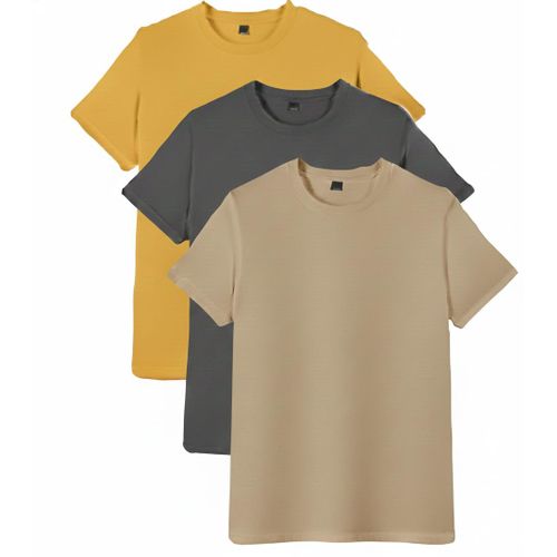 product_image_name-Generic-3PCS Unisex Round Neck Pure Cotton Short-Sleeved T-shirt - 3 Pieces - Yellow / Dark Grey / Tan-1