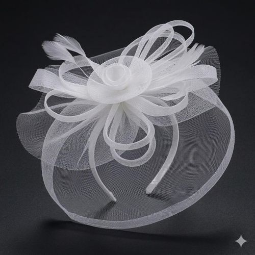 product_image_name-Generic-Elegant White Floral Bridal Fascinator – Pillbox Hat with Veil & Feathers-1