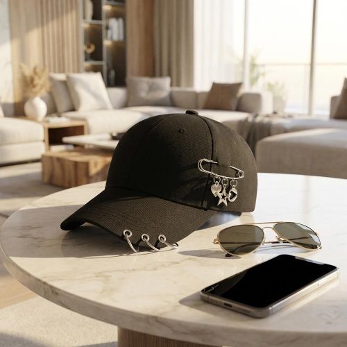 ARHANORY Adjustable Baseball Cap for Men and Women with Removable Metal Pin Pendant & Side Ring-Black - image 7