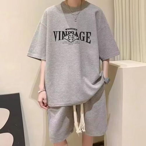 product_image_name-Fashion-2pcs Men's Short-sleeved T-shirt + Shorts, Student Sportswear Set - Gray-1