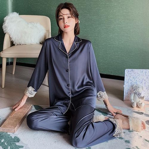 Couple Men Women Silk Satin Pajamas Sets Long Sleeve Pyjamas Sleepwear  Nightwear
