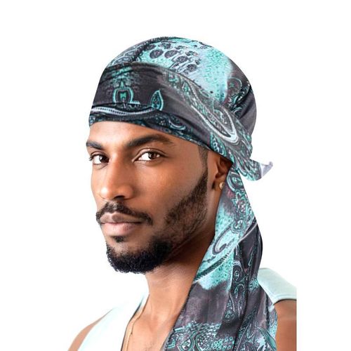 product_image_name-Fashion-2pcs/Set    Green Paisley  Silk  Durag Headwrap cap Long Tail Pirate Hat Satin Headscarf With Black Elastic  Ribbon  Beanie Caps  For Men Women-2