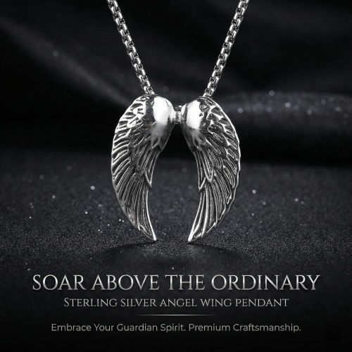 product_image_name-Fashion-ASCENT Angel Wing Pendant Chain – Silver Alloy  3D Textured Unisex Designer Necklace-1