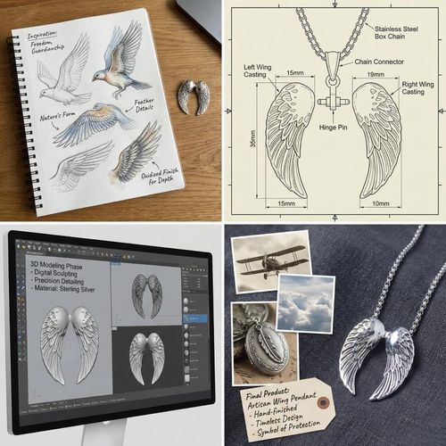 product_image_name-Fashion-ASCENT Angel Wing Pendant Chain – Silver Alloy  3D Textured Unisex Designer Necklace-6