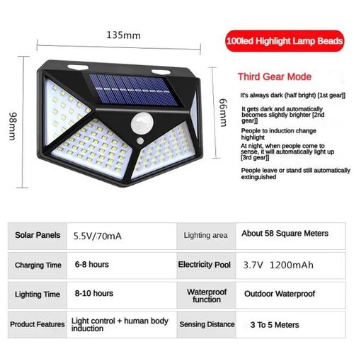 product_image_name-Fashion-100 LED Solar Wall Lamp Human Body Motion Sensor Light Waterproof Solar Powered Sunlight Street Decor Light-controlled Lamps-5