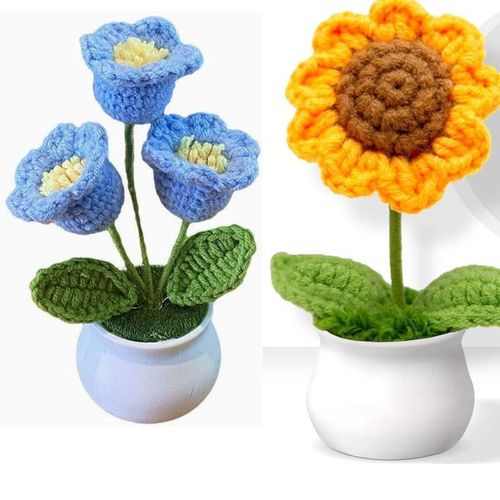 Generic 2pcs Handmade Crochet Lily Valley Potted  sunflower Artificial Flower