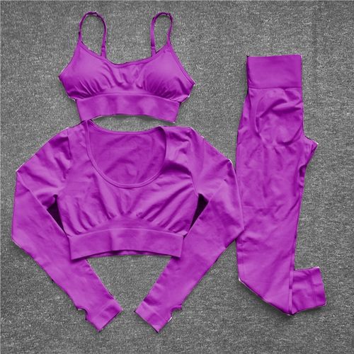 Womens White And Purple Sport Set: Crop Top And High Waisted